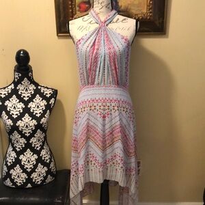 BCBG Halter open back asymmetrical abstract print adjustable straps lined dress